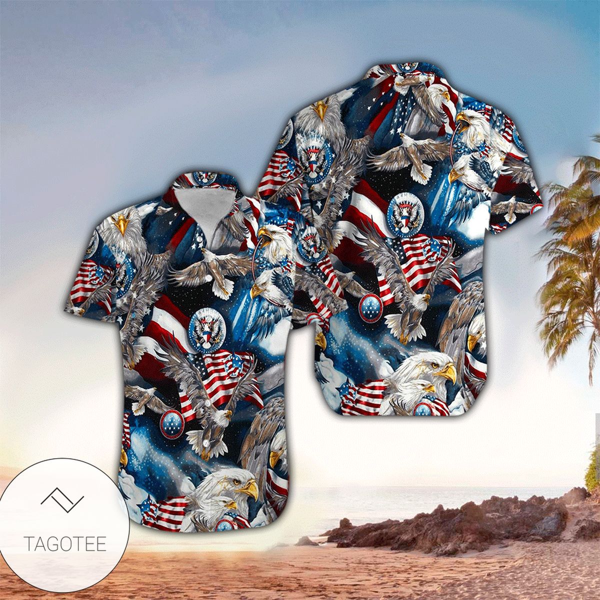 Eagles Patriotic USA American Flags Aloha Hawaiian Shirt