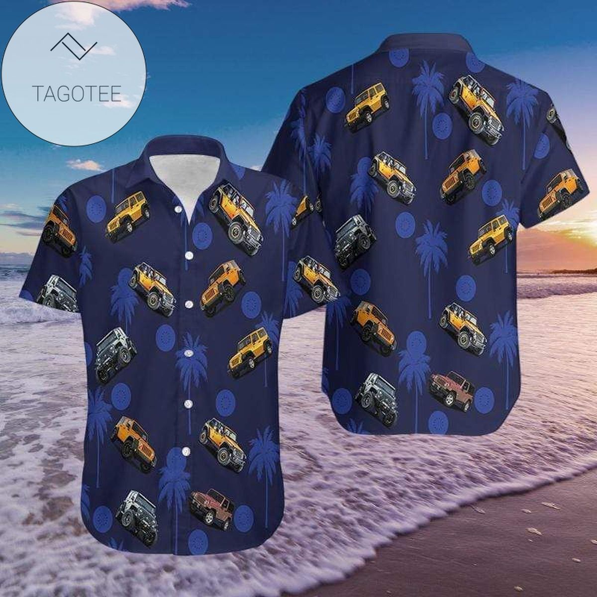 Find Amazing Jeep On The Beach Blue Unisex Hawaiian Aloha Shirts