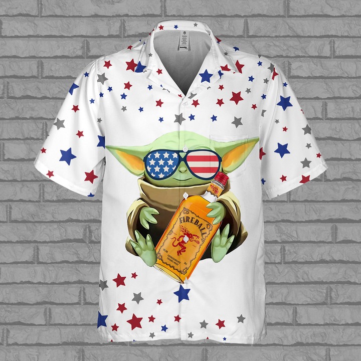 Fireball Cinnamon Baby Yoda 4th Of July Hawaiian Shirt