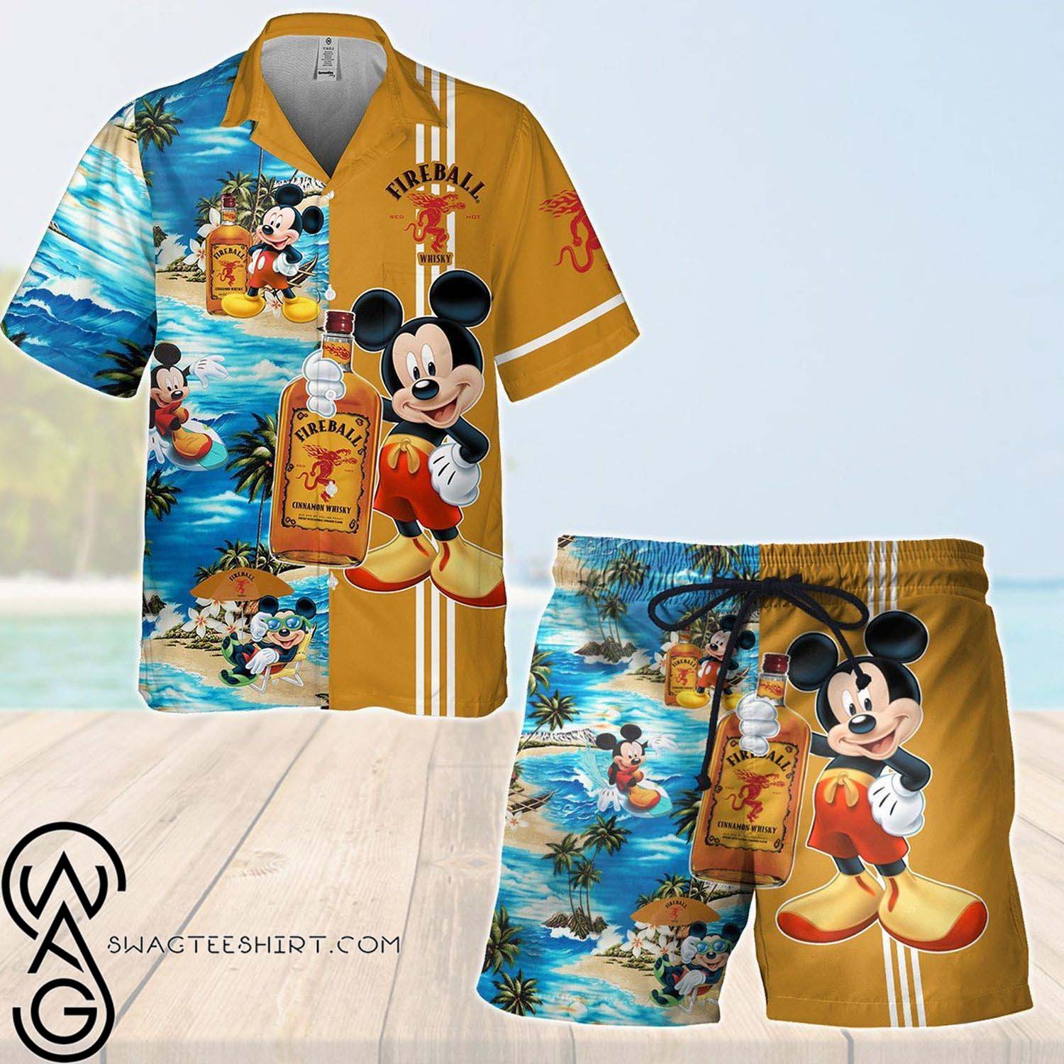 Fireball Cinnamon Whisky Mickey Mouse All Over Print Summer Aloha Summer Beach Hawaiian Shirt And Beach Shorts Version Orange