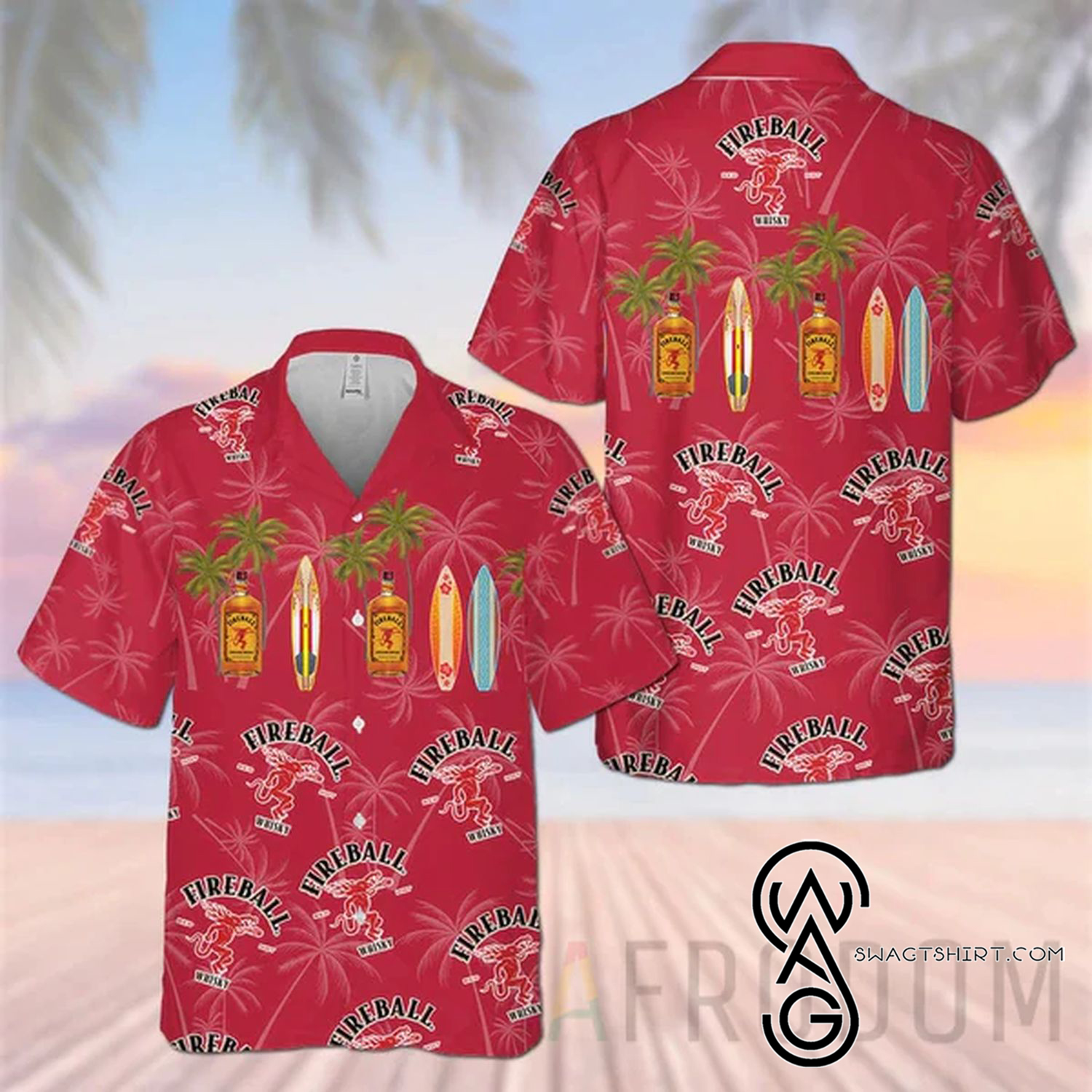 Fireball Cinnamon Whisky Skull Pattern All Over Print Aloha Camo Summer Vacation Hawaiian Shirt