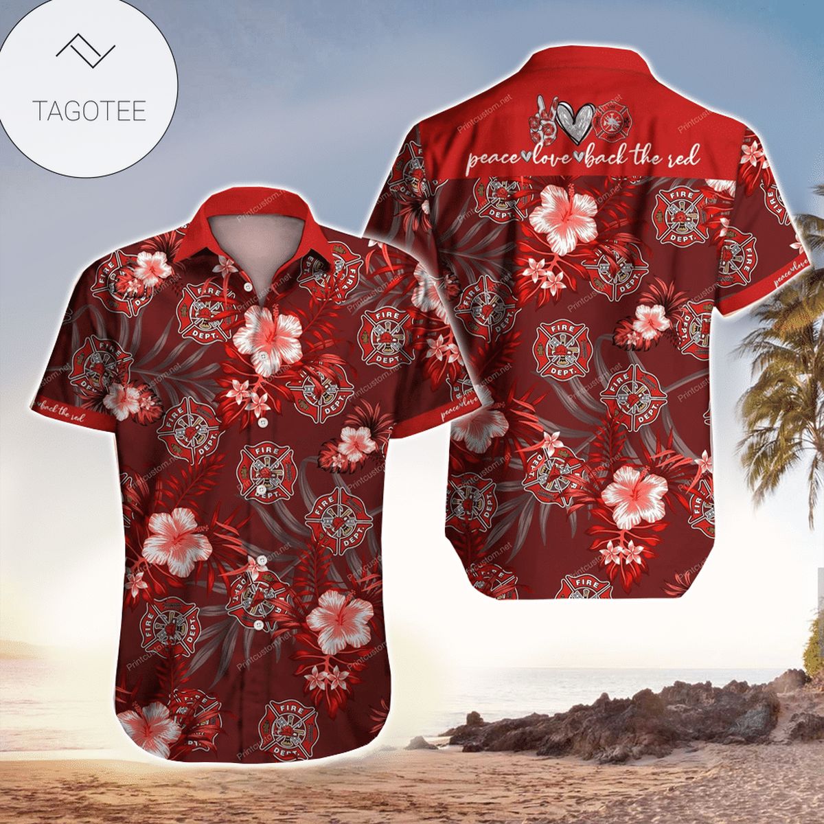 Firefighter Peace Love Hawaiian Graphic Print Short Sleeve Hawaiian Casual Shirt