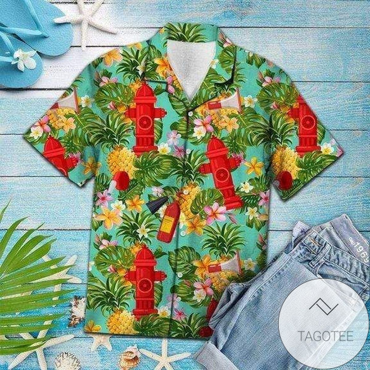 Firefighter Redd Love Red Hawaiian Graphic Print Short Sleeve Hawaiian Casual Shirt