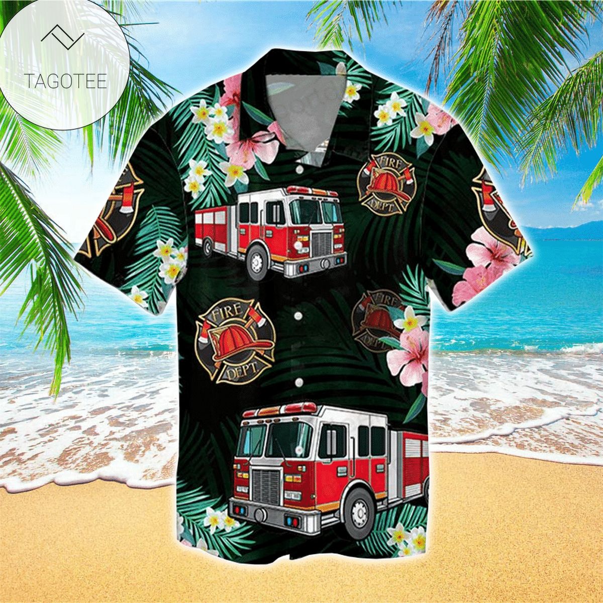 Firefighter Redd Love Red Hawaiian Graphic Print Short Sleeve Hawaiian Casual Shirt