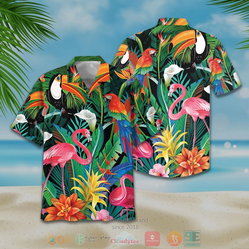 Flamigo Couple Print Short Sleeve Hawaiian Shirt