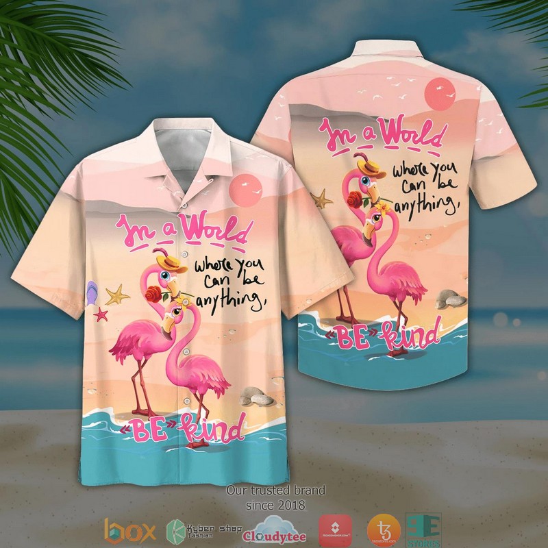 Flamingo In The Beach Print Short Sleeve Hawaiian Shirt