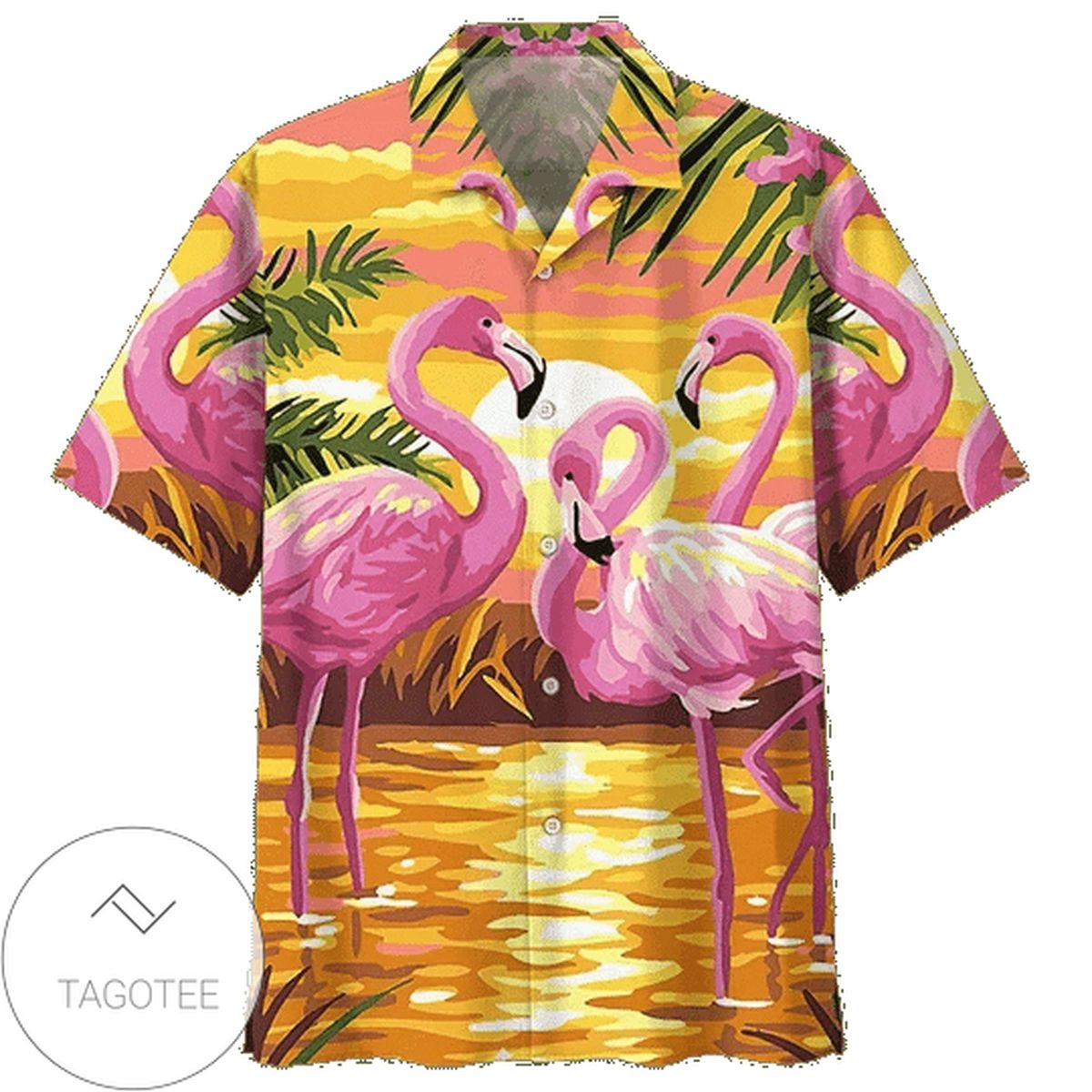 Flamingo It’s Alway Happy Hour Print Short Sleeve Hawaiian Casual Shirt