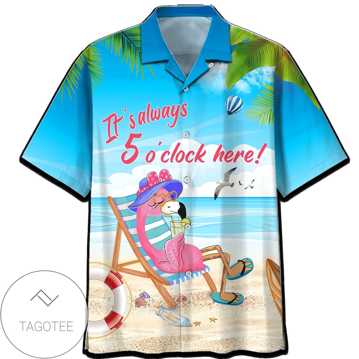 Flamingo Let’s Summer Print Short Sleeve Hawaiian Casual Shirt