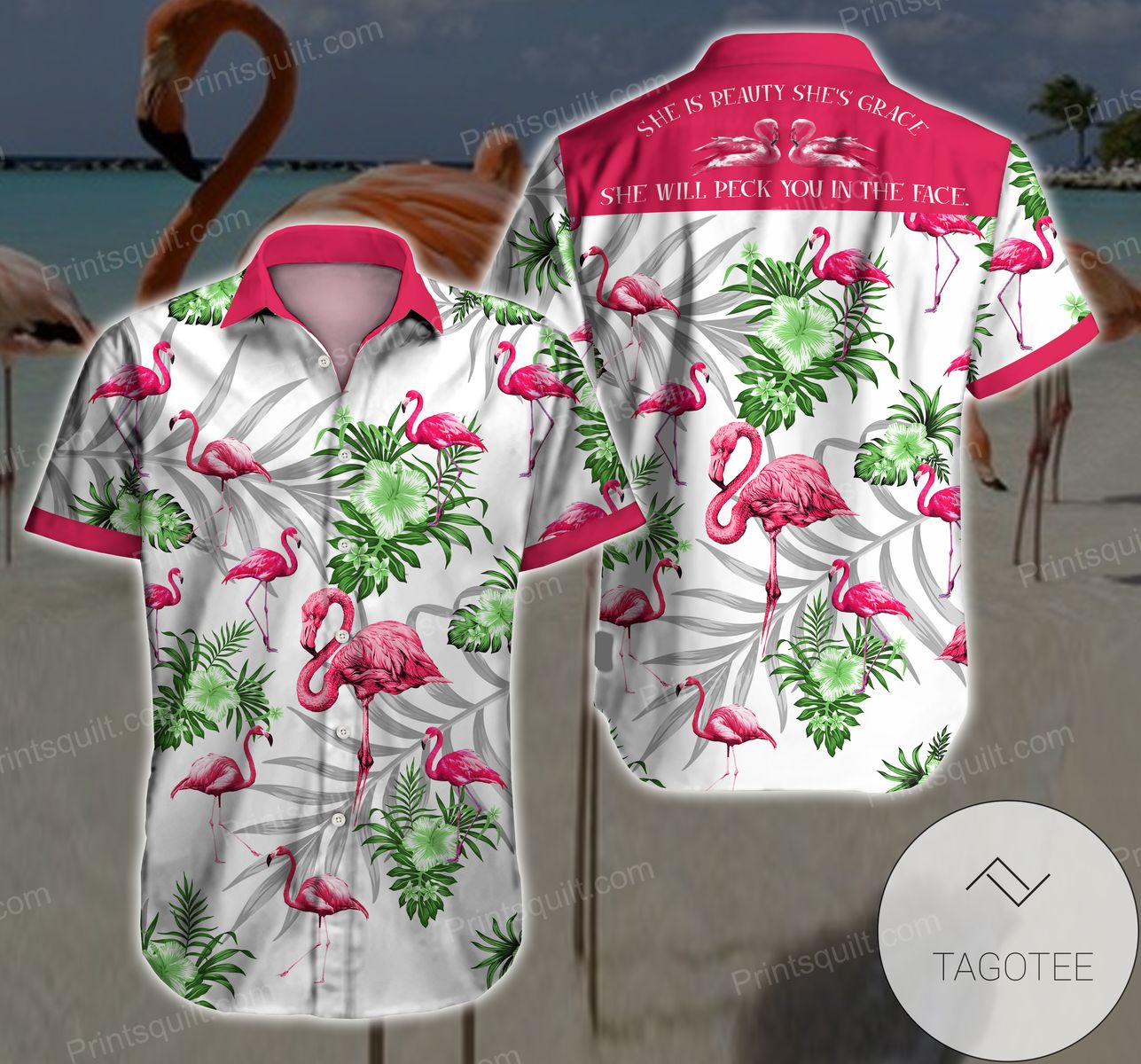 Flamingo Motorcycles Let The Summer Begin Print Short Sleeve Hawaiian Casual Shirt