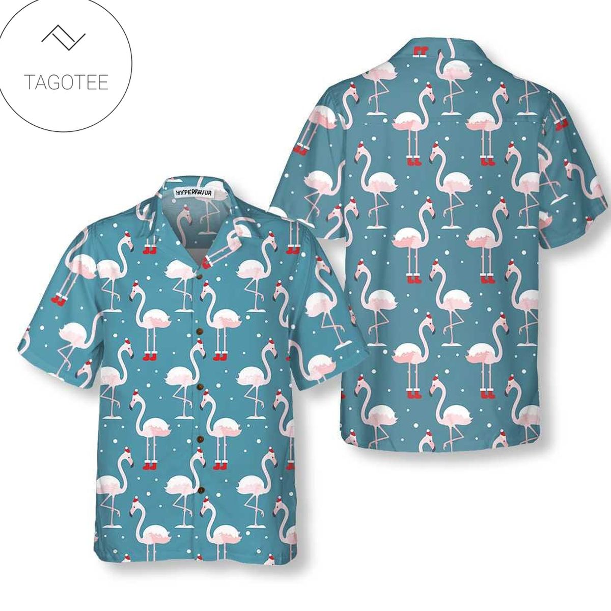 Flamingo Merry Christmas Print Short Sleeve Hawaiian Casual Shirt