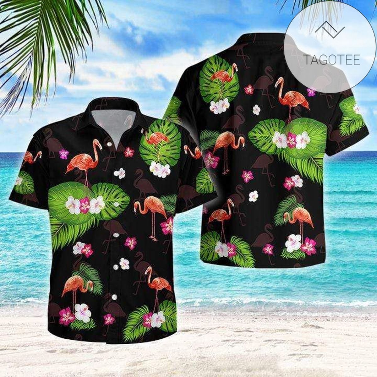 Flamingo Merry Christmas Print Short Sleeve Hawaiian Casual Shirt