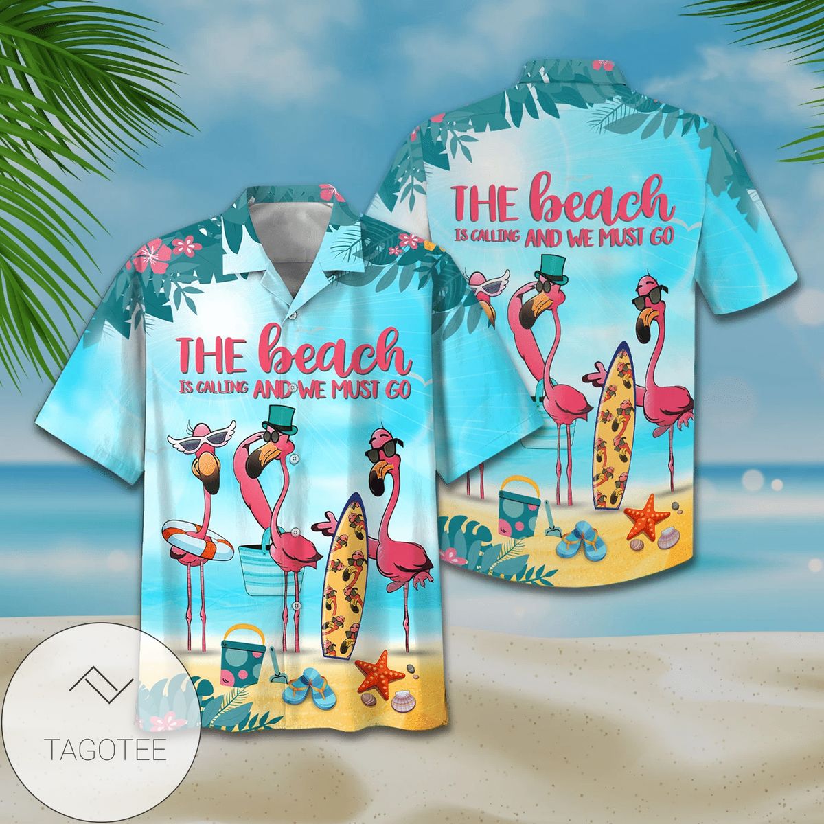 Flamingo Tanned And Tipsy Print Short Sleeve Hawaiian Casual Shirt