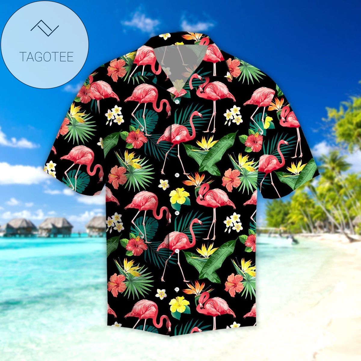 Flamingo Tropical Leaf Print Polyester Hawaiian Shirt