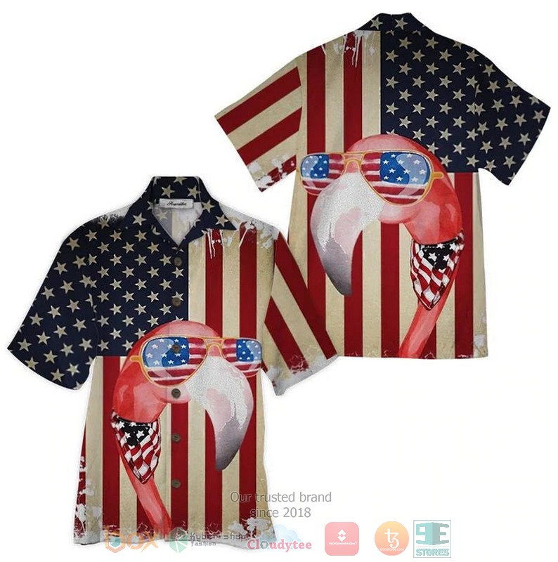 Flamingo USA flag firework Hawaiian Shirt