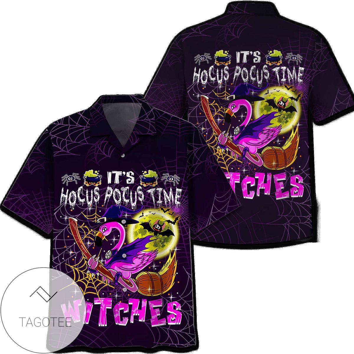 Flamingo Witch Halloween Buckle Up Buttercup You Just Flipped My Witch Switch Print Short Sleeve Hawaiian Casual Shirt