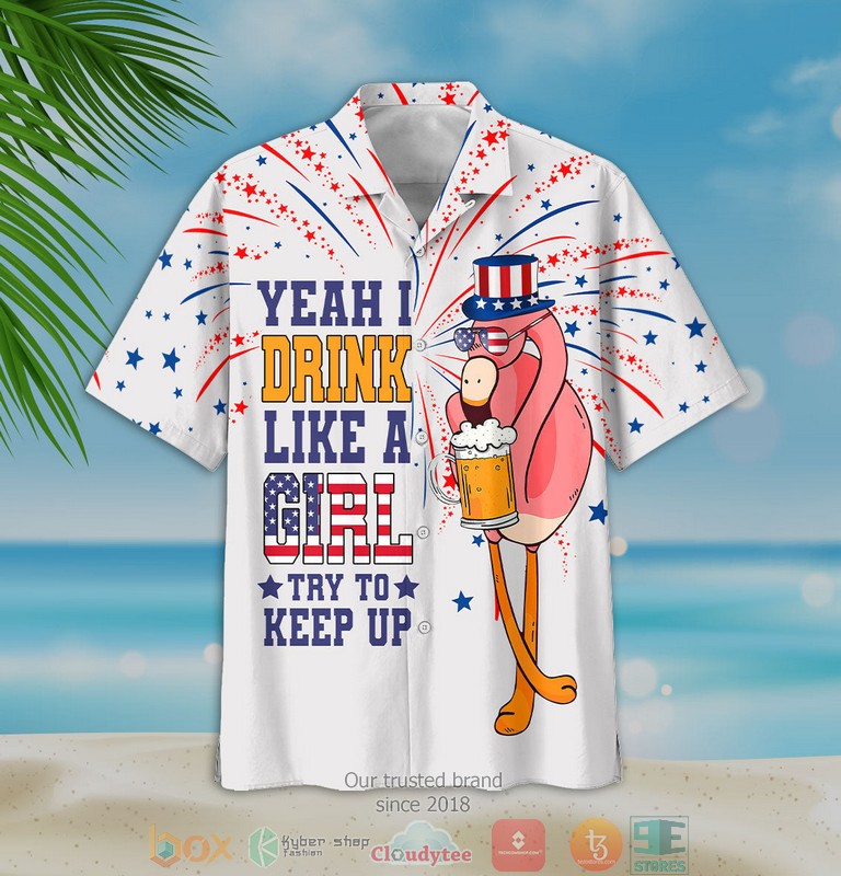 Flamingo USA flag firework Hawaiian Shirt