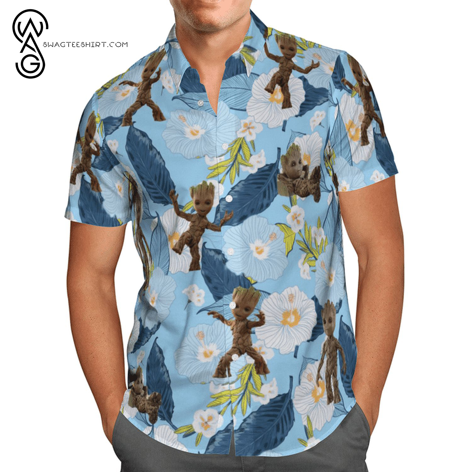 Floral Baby Groot Hawaiian Shirts And Beach Shorts