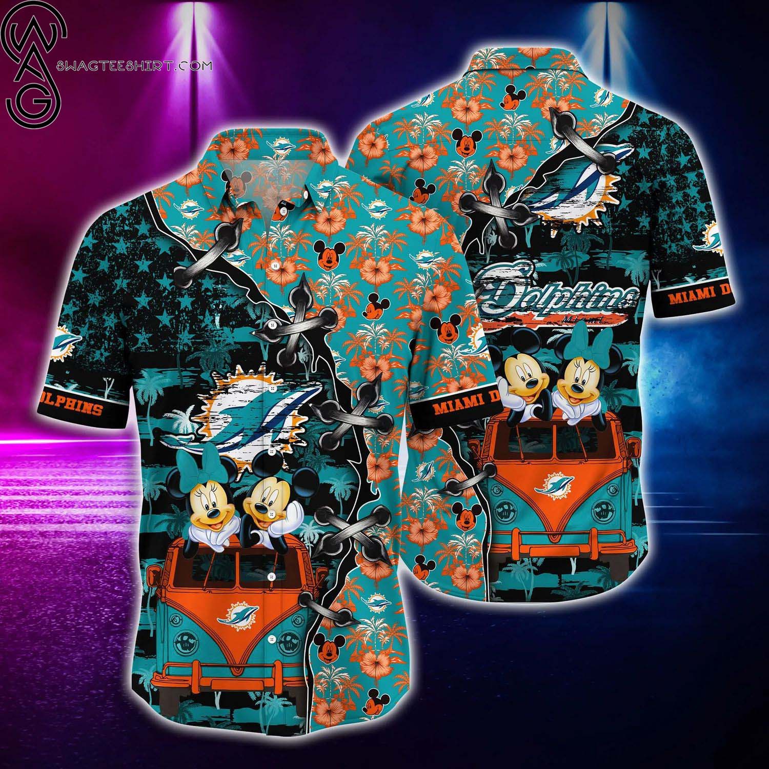 Floral Miami Dolphins Mickey And Minnie Summer Aloha Hawaiian Shirt