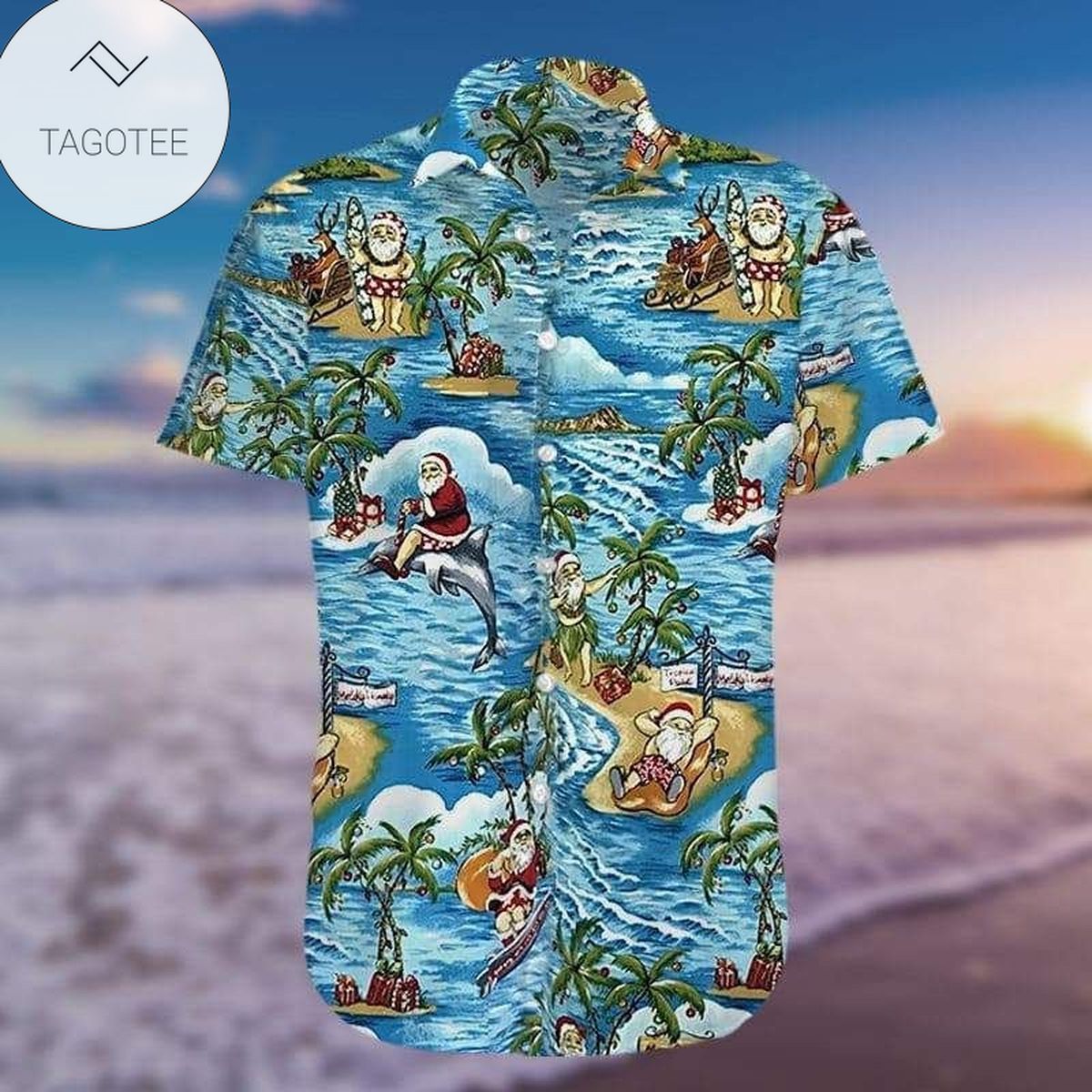 Funny Santa Lion Blue Hawaiian Shirts