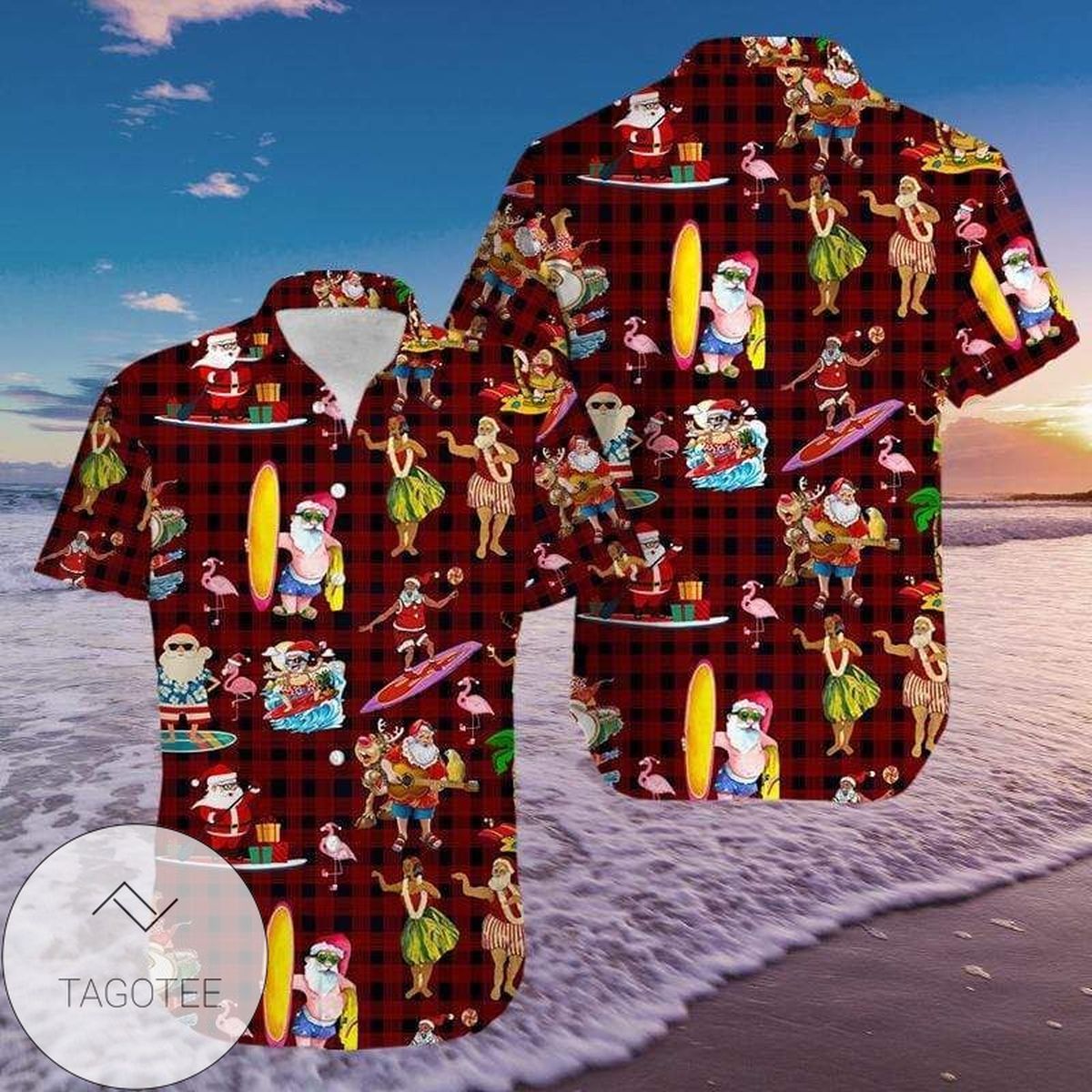 Funny Santa Claus Surfing Red Hawaiian Shirts 2111l