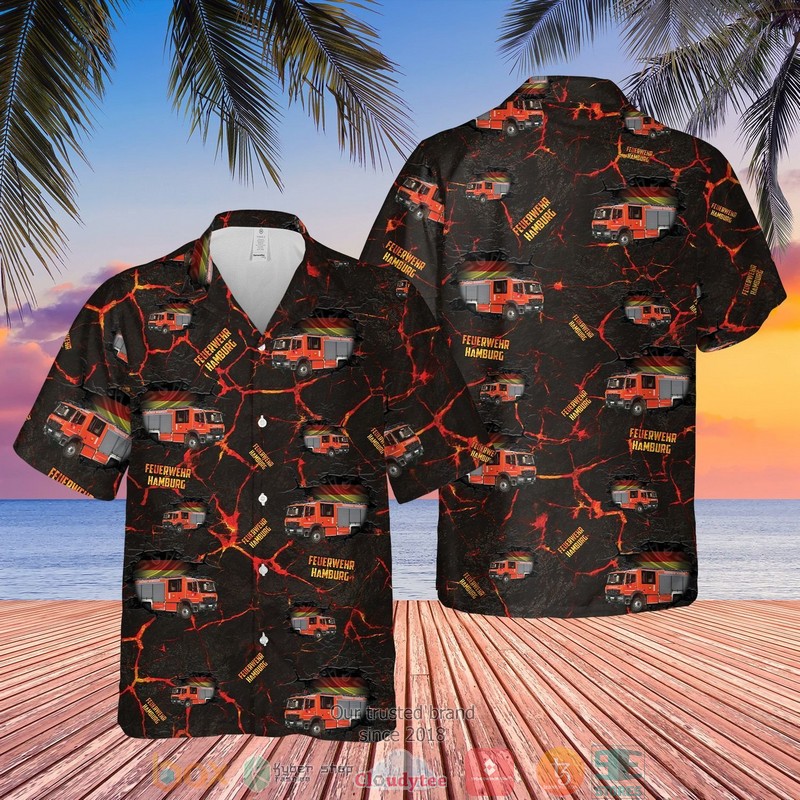 German Feuerwehr Hamburg Fire Truck Black Short Sleeve Hawaiian Shirt