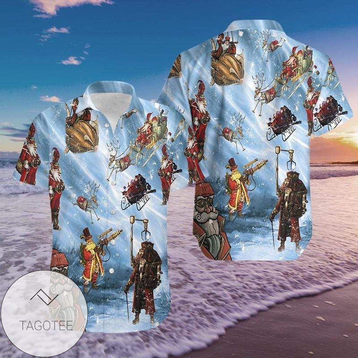 Get Here Hawaiian Aloha Shirts Merry Christmas Robot Santa