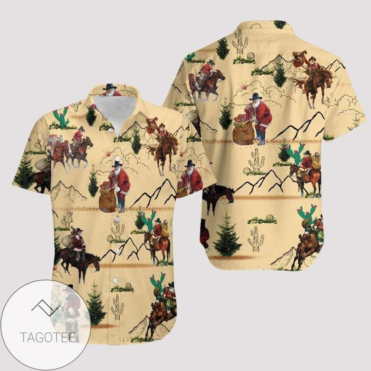 Get Here Hawaiian Aloha Shirts Santa Claus Cowboy