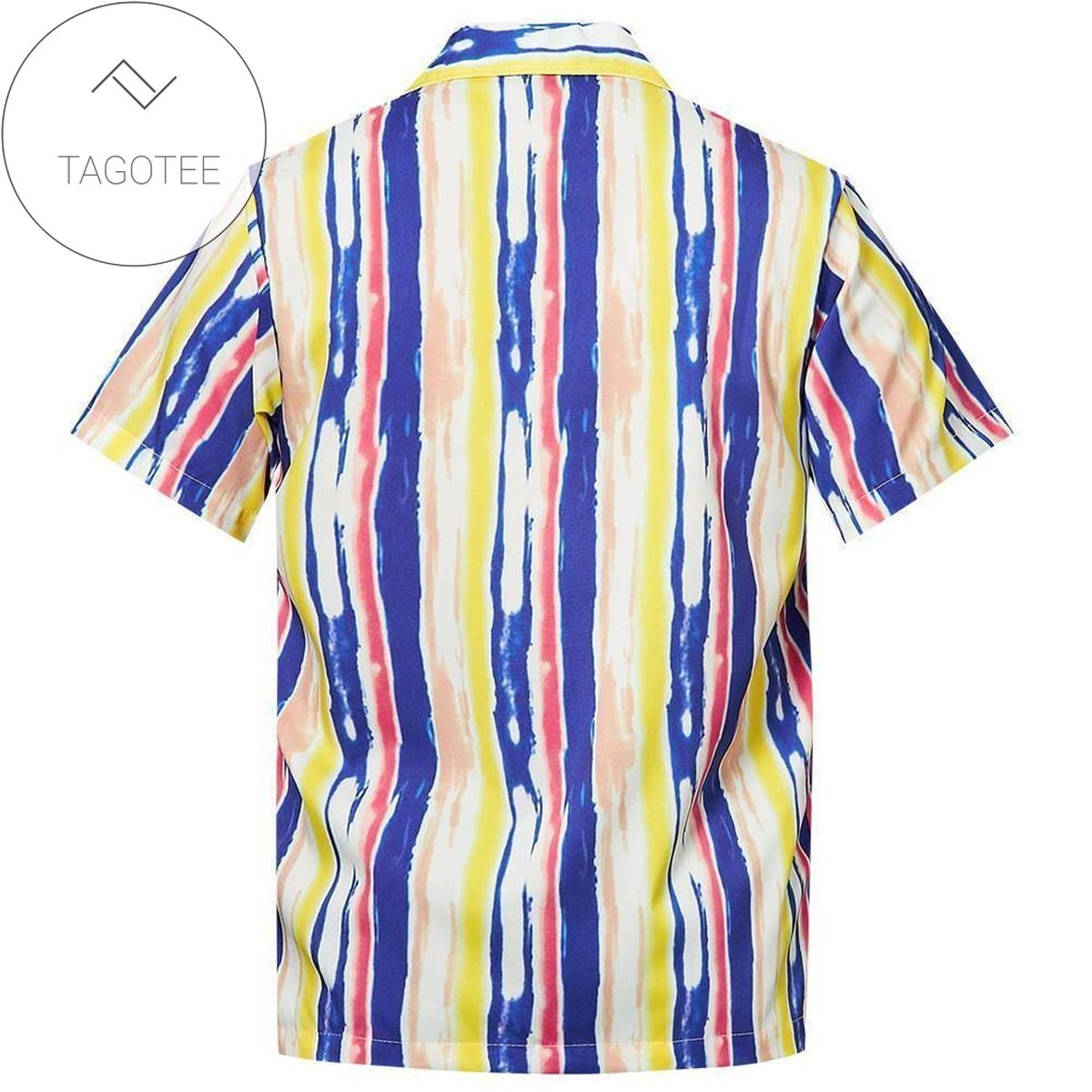 Get Here Mens Hawaiian Short Sleeve Shirts Yellow Stripes Flamingo