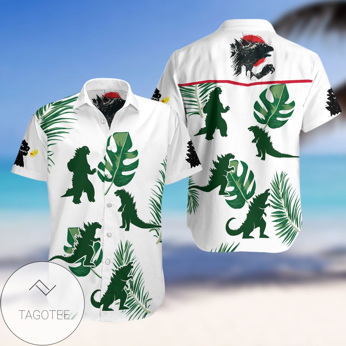 Godzilla All Over Print Summer Short Sleeve Hawaiian Beach Shirt – White