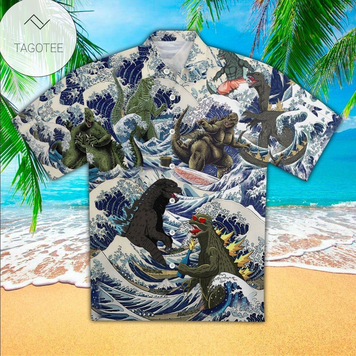 Godzilla All Over Print Summer Short Sleeve Hawaiian Beach Shirt – White