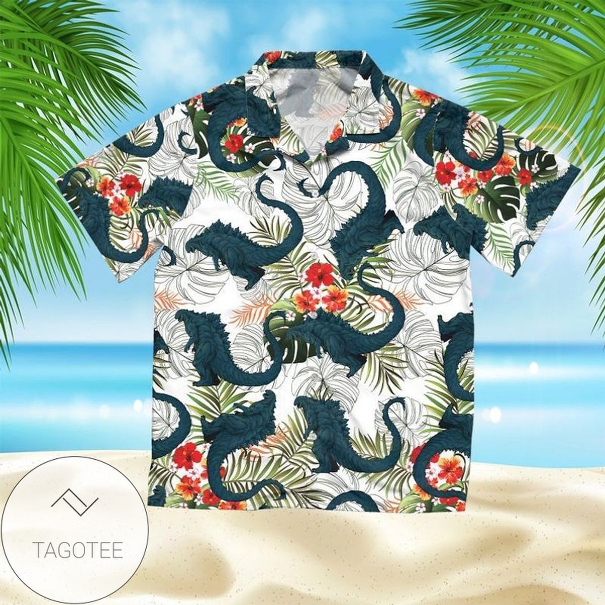 Godzilla Hawaiian Graphic Print Short Sleeve Hawaiian Casual Shirt