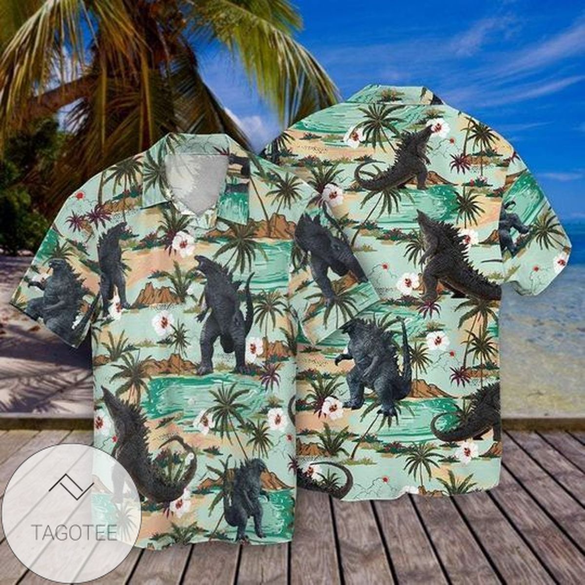 Godzilla Graphic Print Short Sleeve Hawaiian Shirt