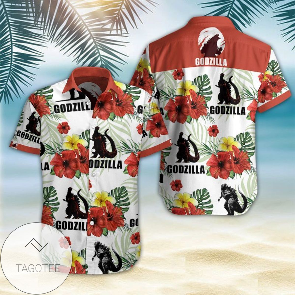 Godzilla Hawaiian Graphic Print Short Sleeve Hawaiian Casual Shirt