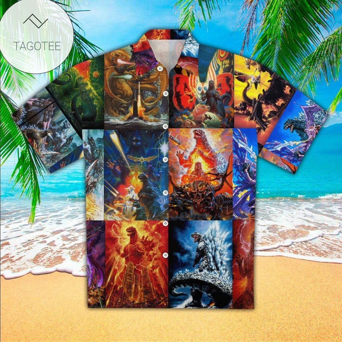 Godzilla Hawaiian III Graphic Print Short Sleeve Hawaiian Casual Shirt