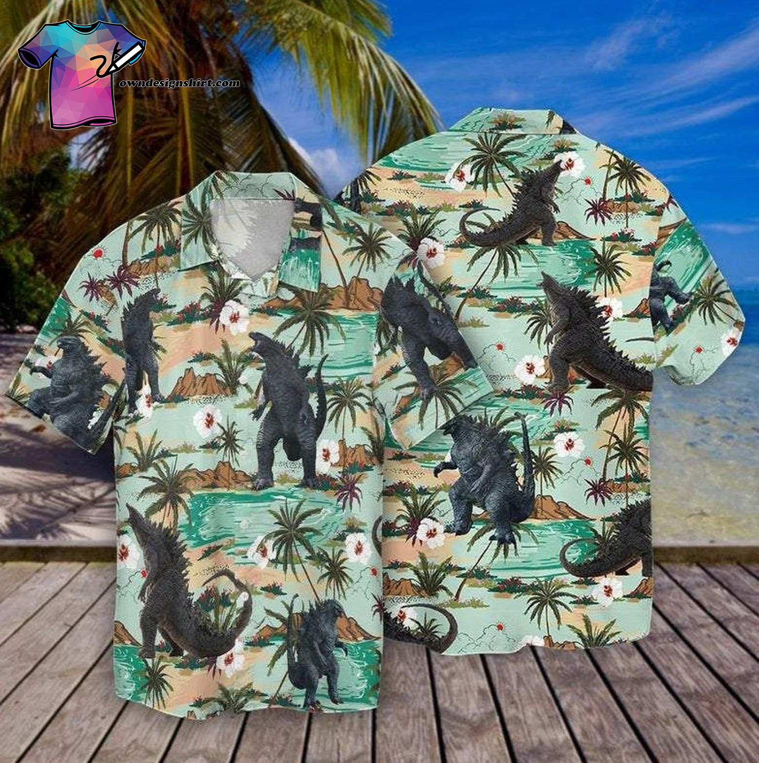 Godzilla Japanese Monster Coconut Tree Pattern Summer Hawaiian Shirt