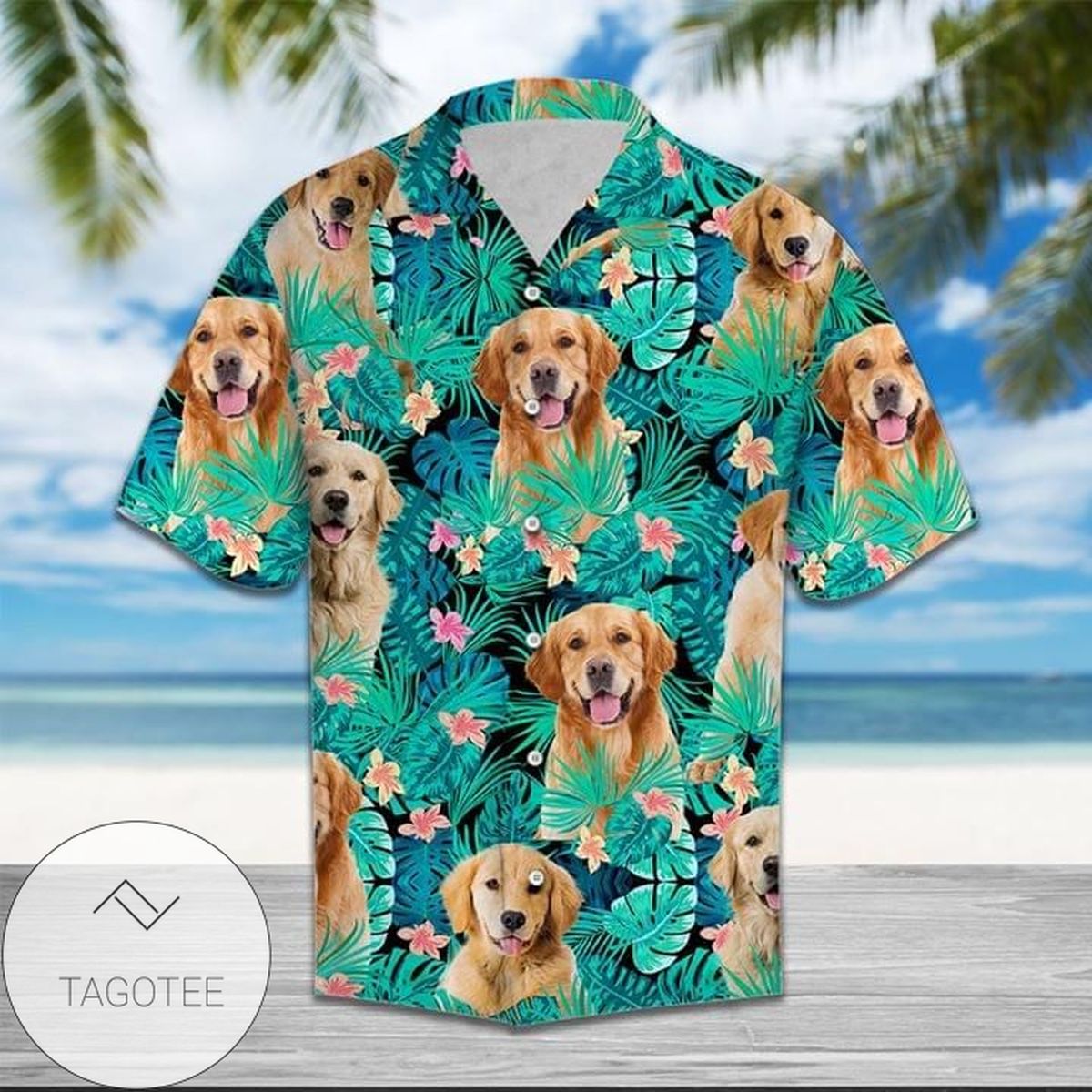 Golden Retriever Dog Lovers Tropical Leaves Hawaiian Graphic Print Short Sleeve Hawaiian Shirt