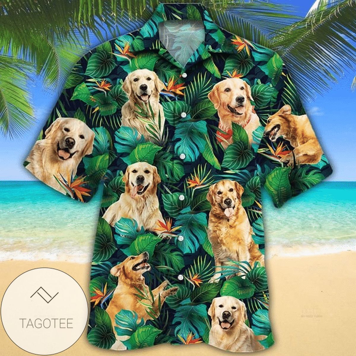 Golden Retriever Dog Funny Hawaiian Graphic Print Short Sleeve Hawaiian Casual Shirt