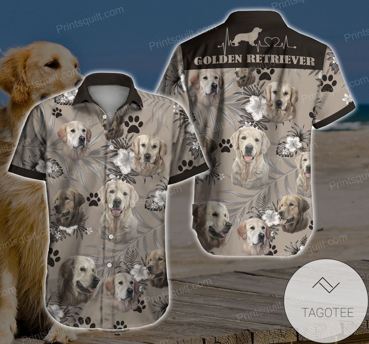 Golden Retriever Dog Lovers Tropical Leaves Hawaiian Graphic Print Short Sleeve Hawaiian Shirt