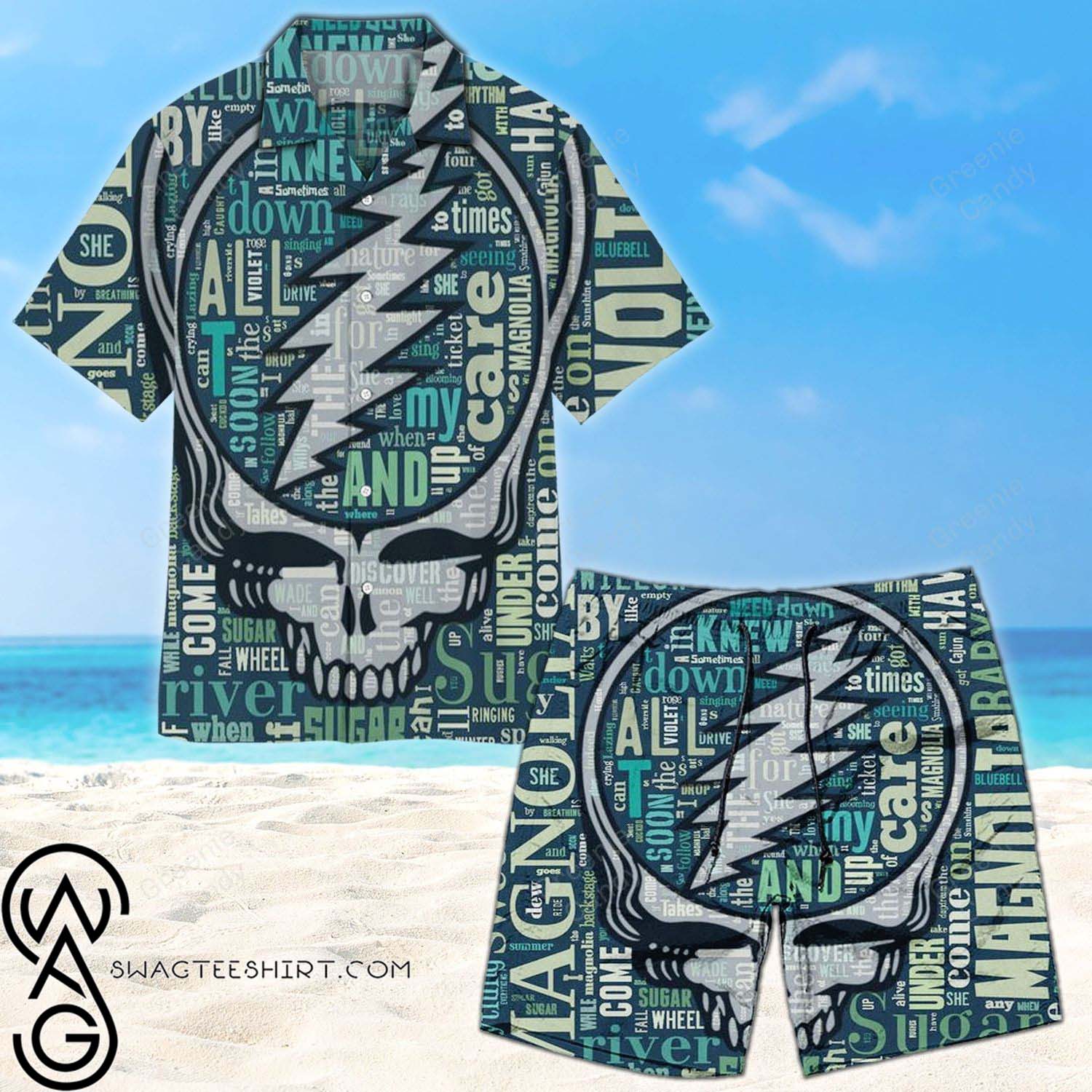 Grateful Dead Seamless Pattern All Over Print Aloha Hawaiian Shirt And Beach Short Version Blue