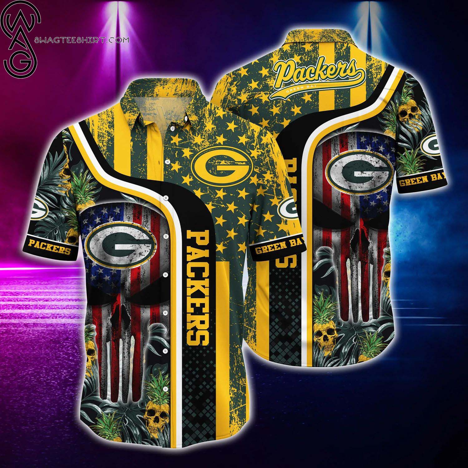 Green Bay Packers American Flag Skull Summer Aloha Hawaiian Shirt