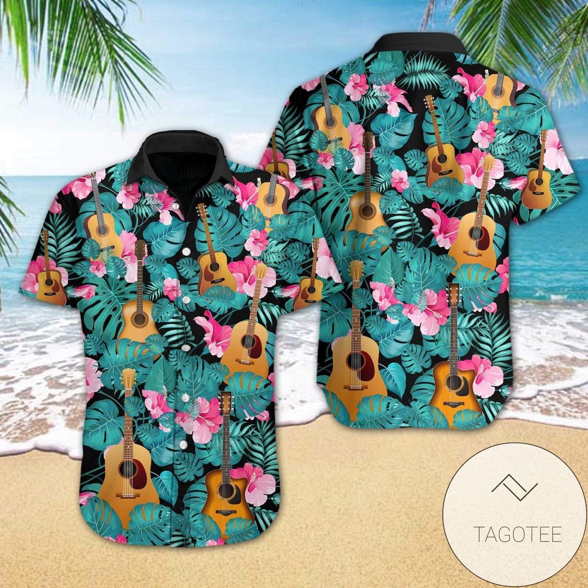 Guitar Love Peace Print Short Sleeve Hawaiian Casual Shirt