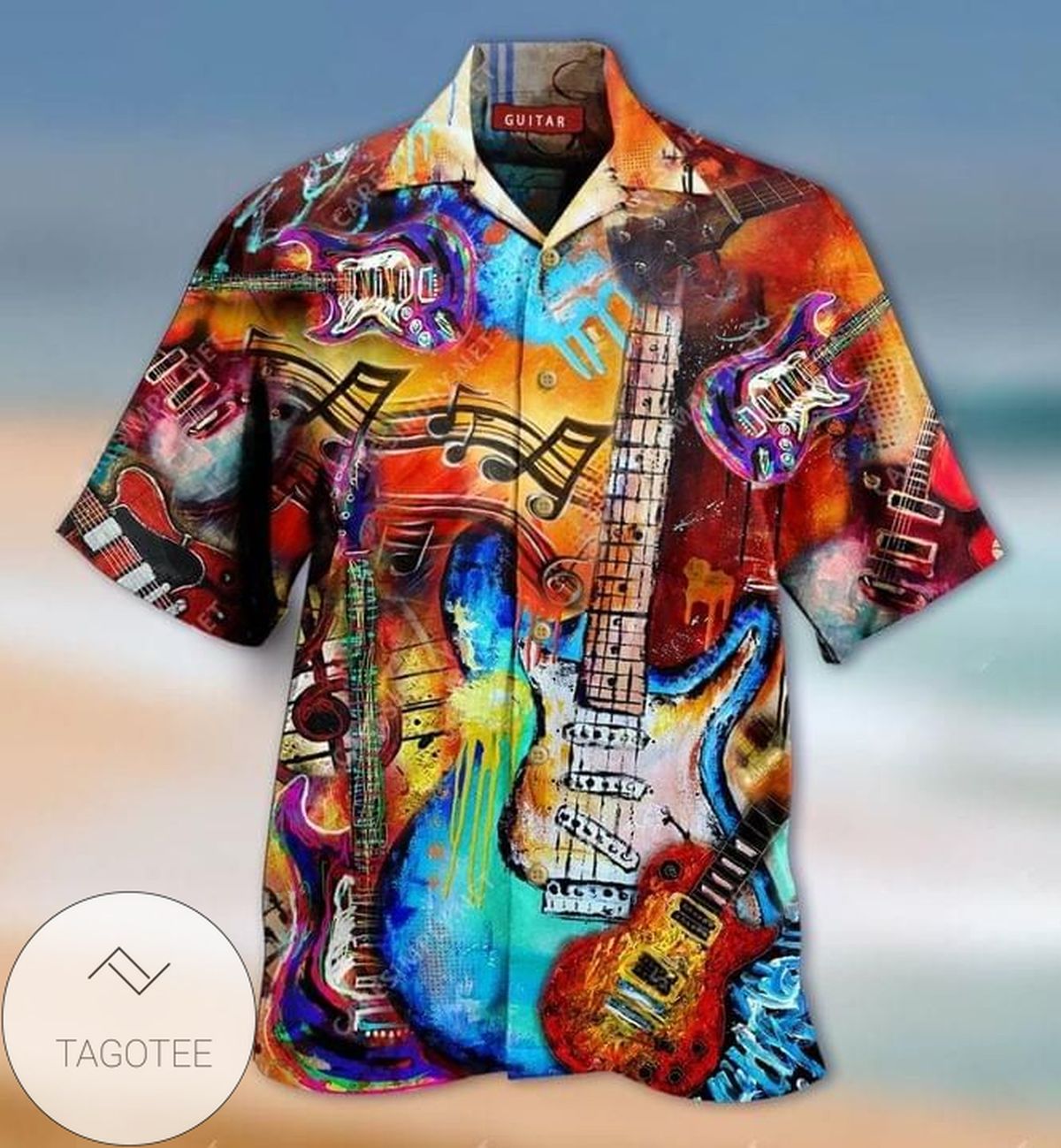 Guitar Man And Girl Hippie Print Short Sleeve Hawaiian Casual Shirt