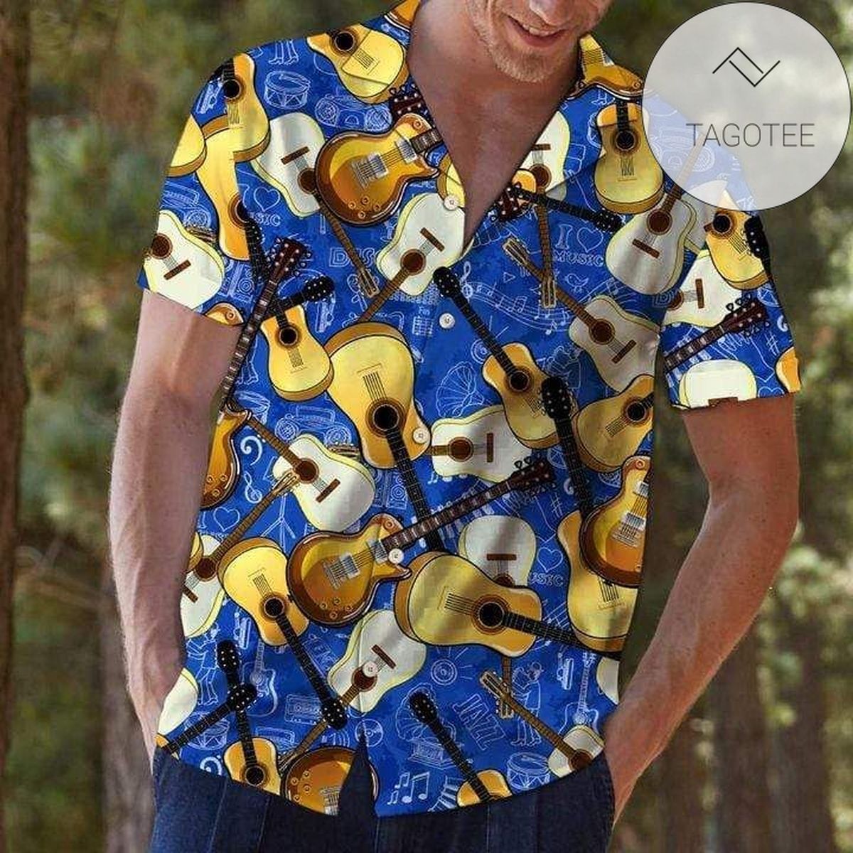 Guitar Print Short Sleeve Hawaiian Casual Shirt