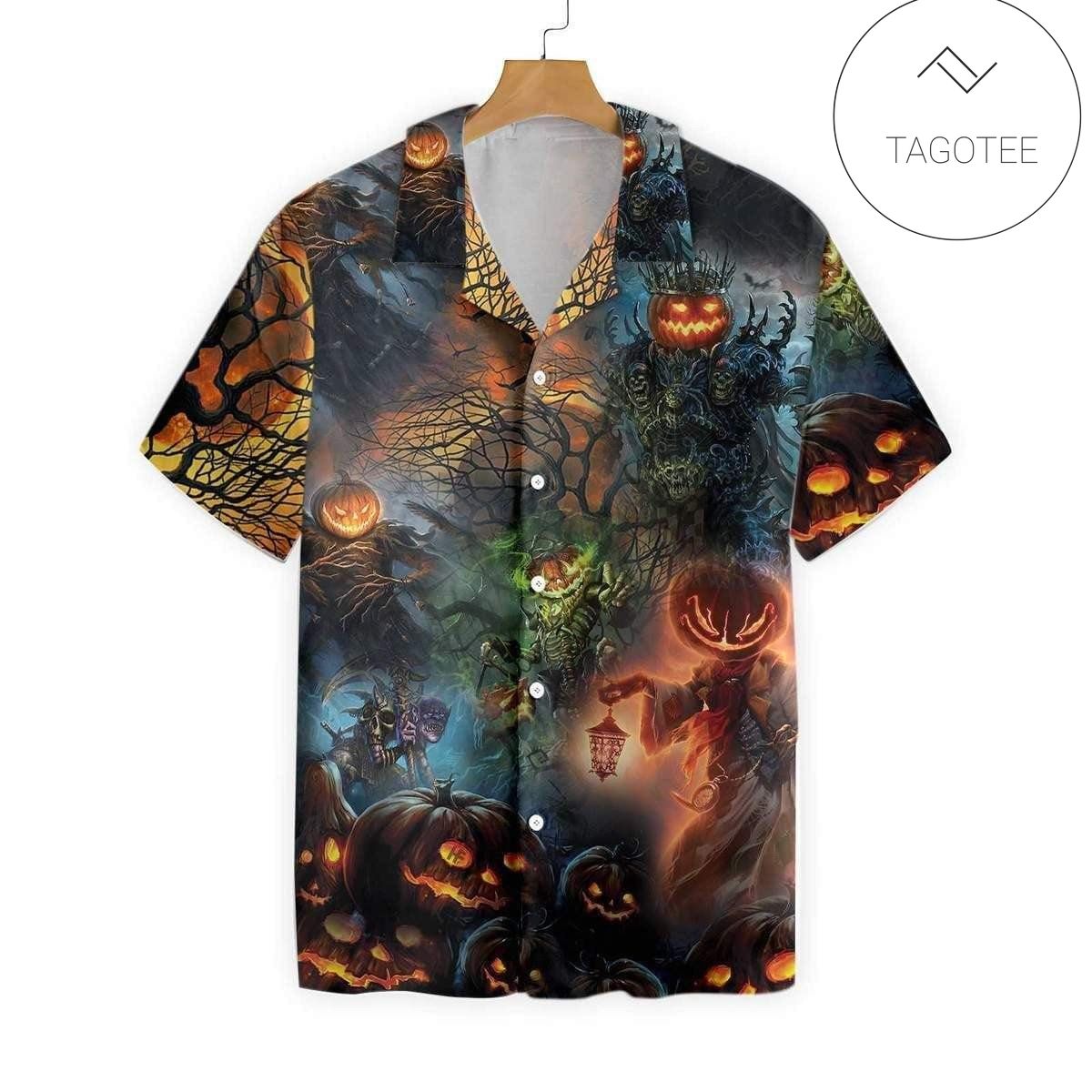 Halloween Black Cat And Pumpkin Print Short Sleeve Hawaiian Casual Shirt