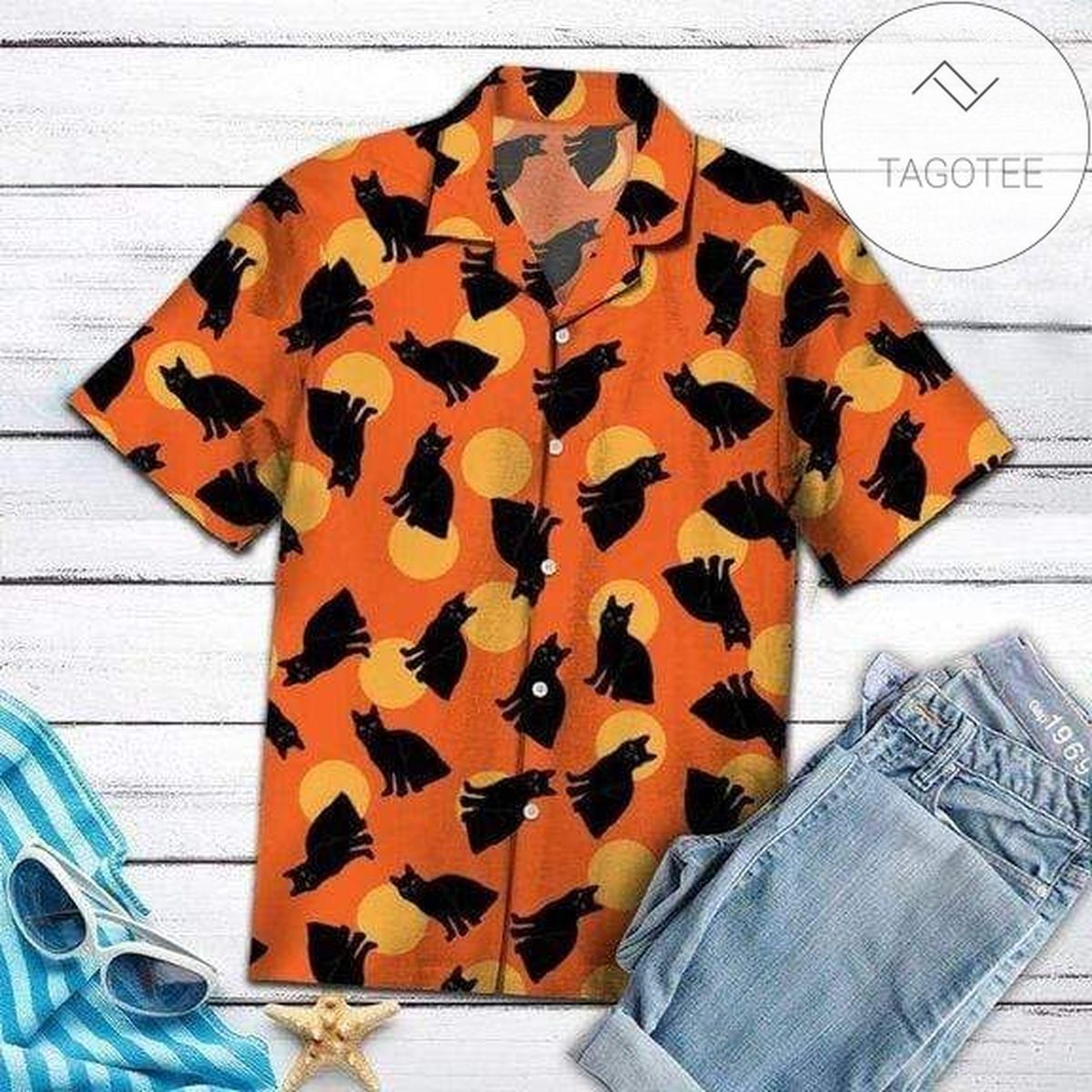 Halloween Black Cat Full Printing Hawaiian Aloha Shirts V