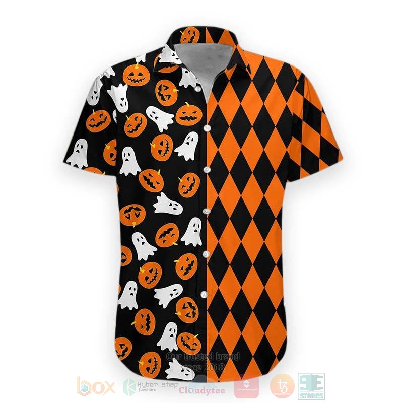 Halloween Black Cat Pumpkin And Bat Orange Hawaiian Shirt