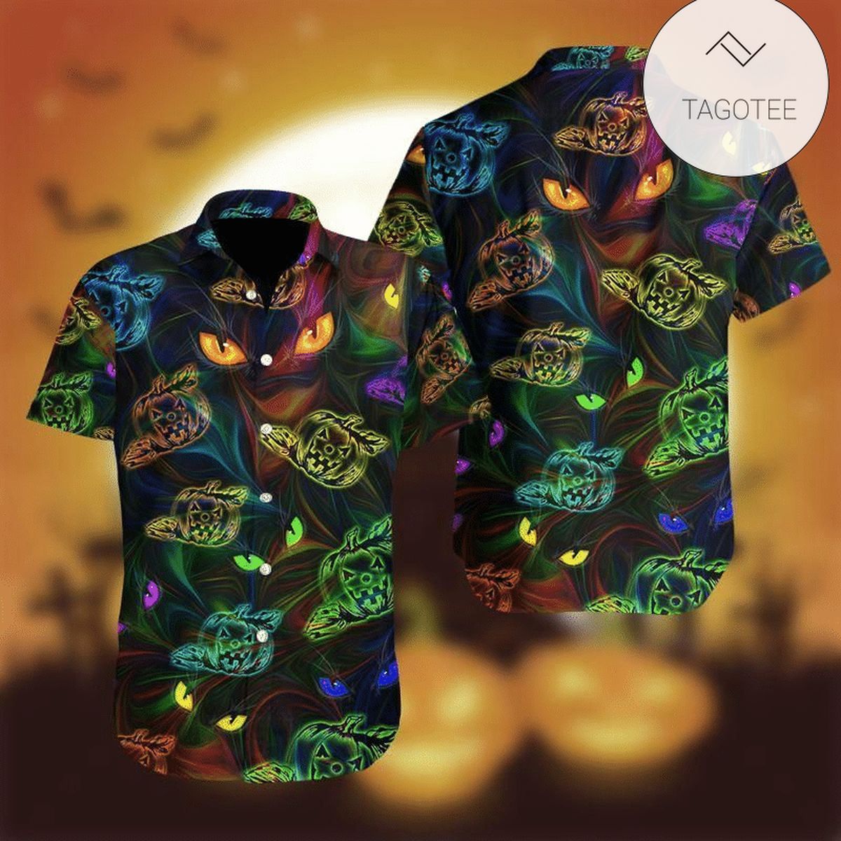 Halloween Colorful Light Cat And Pumpkin Authentic Hawaiian Shirt 2022s H