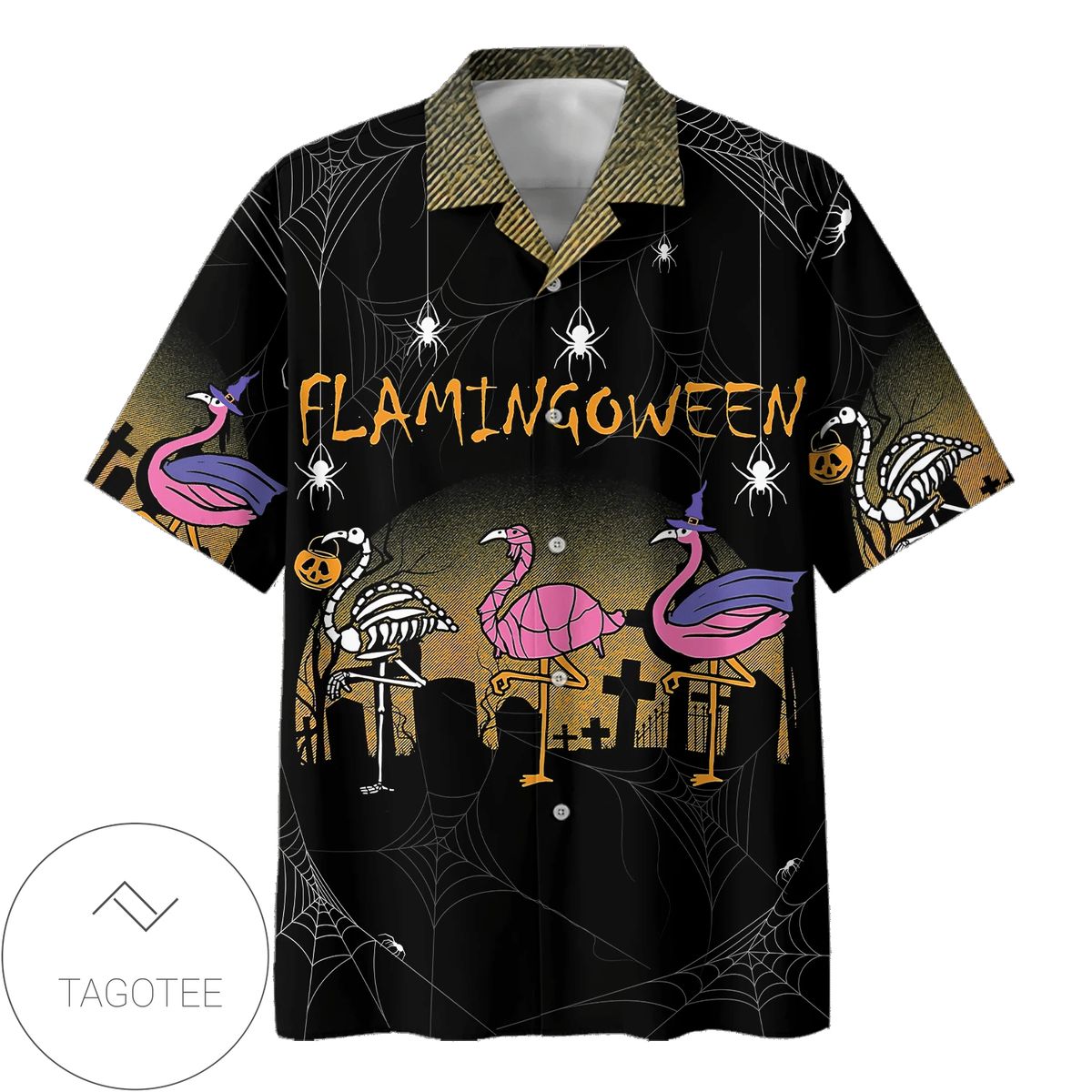 Halloween Flamingo And Pumpkin Print Short Sleeve Hawaiian Casual Shirt