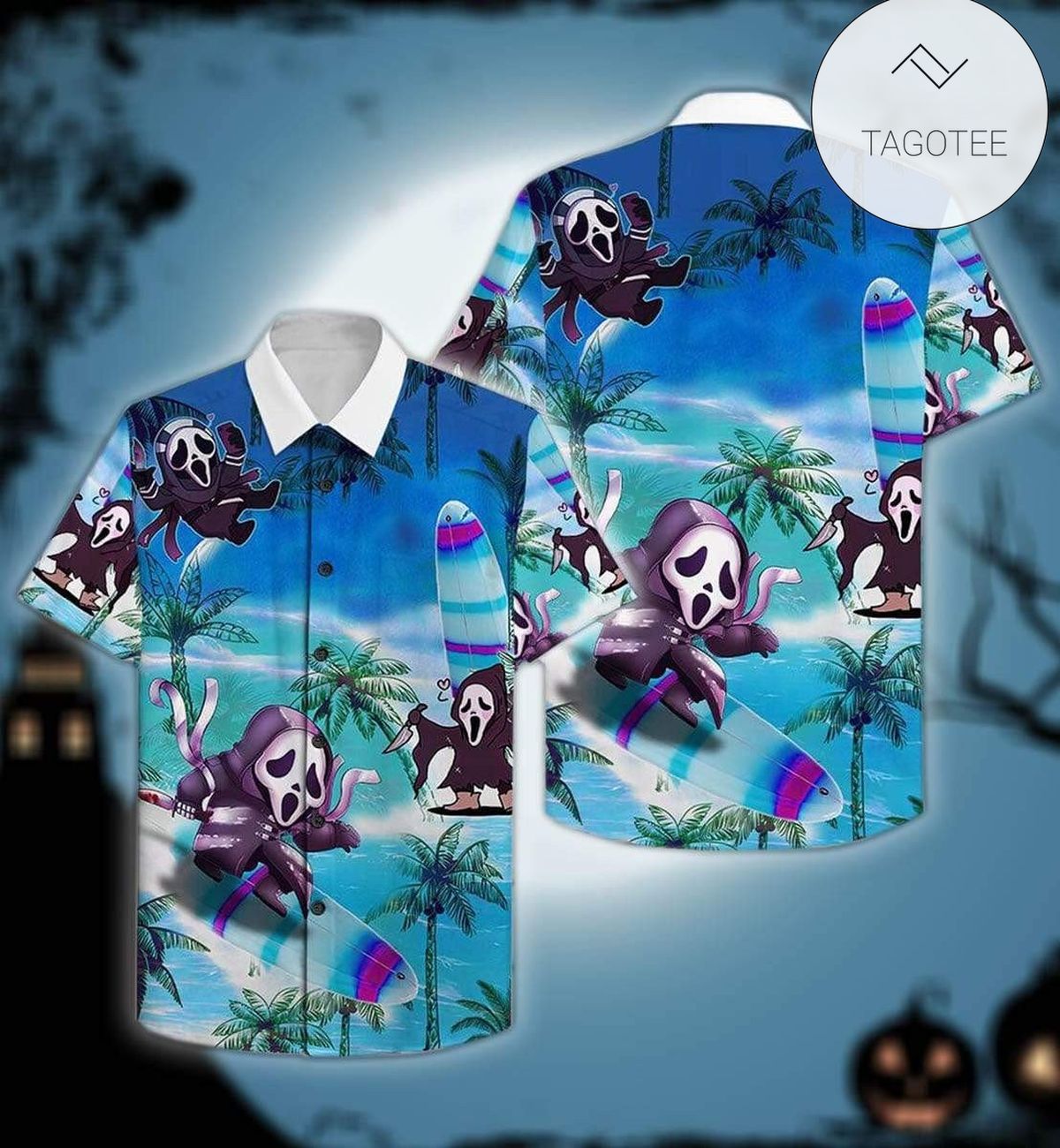 Halloween Ghost And Pumpkin 1 Print Short Sleeve Hawaiian Casual Shirt