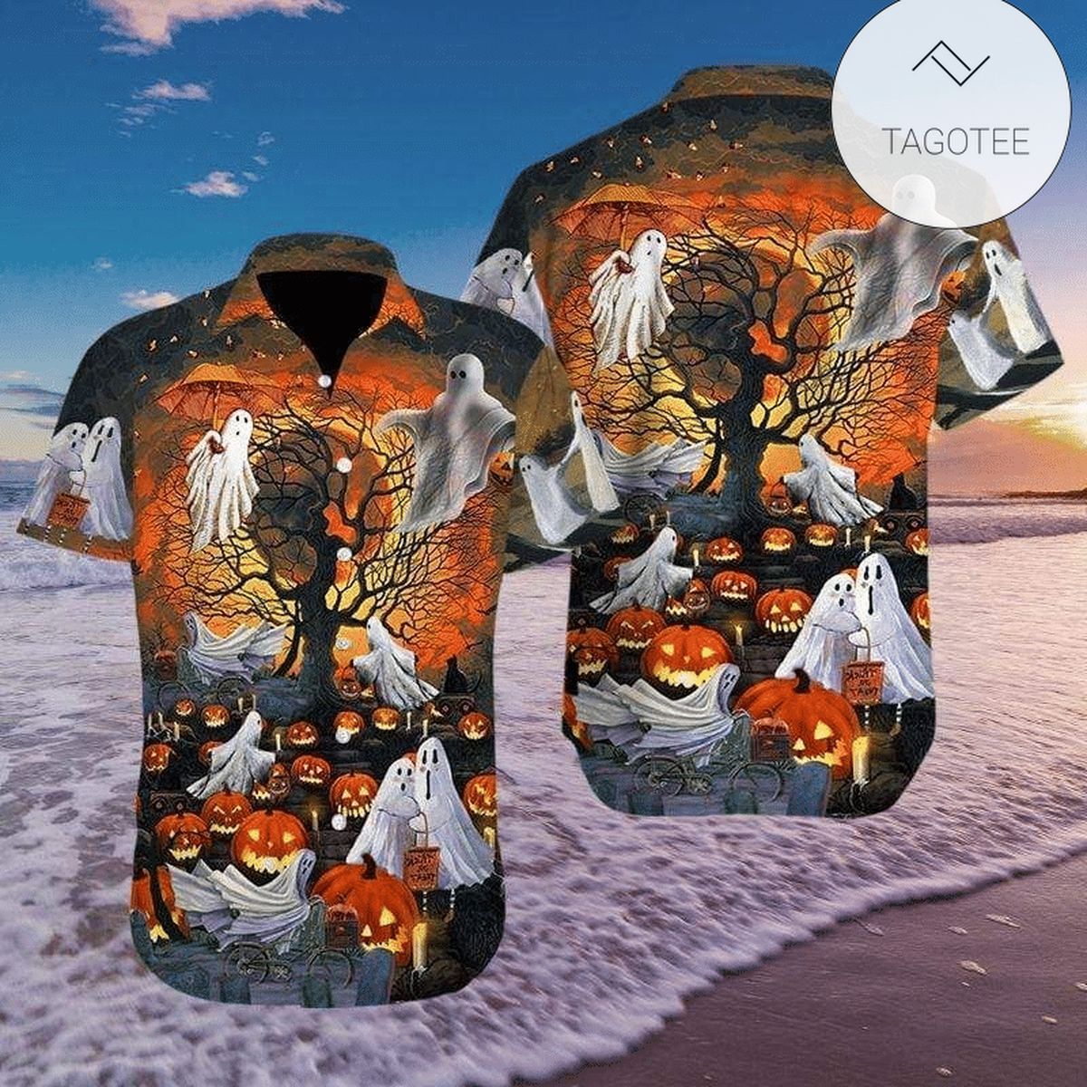 Halloween Ghost And Pumpkin 1 Print Short Sleeve Hawaiian Casual Shirt